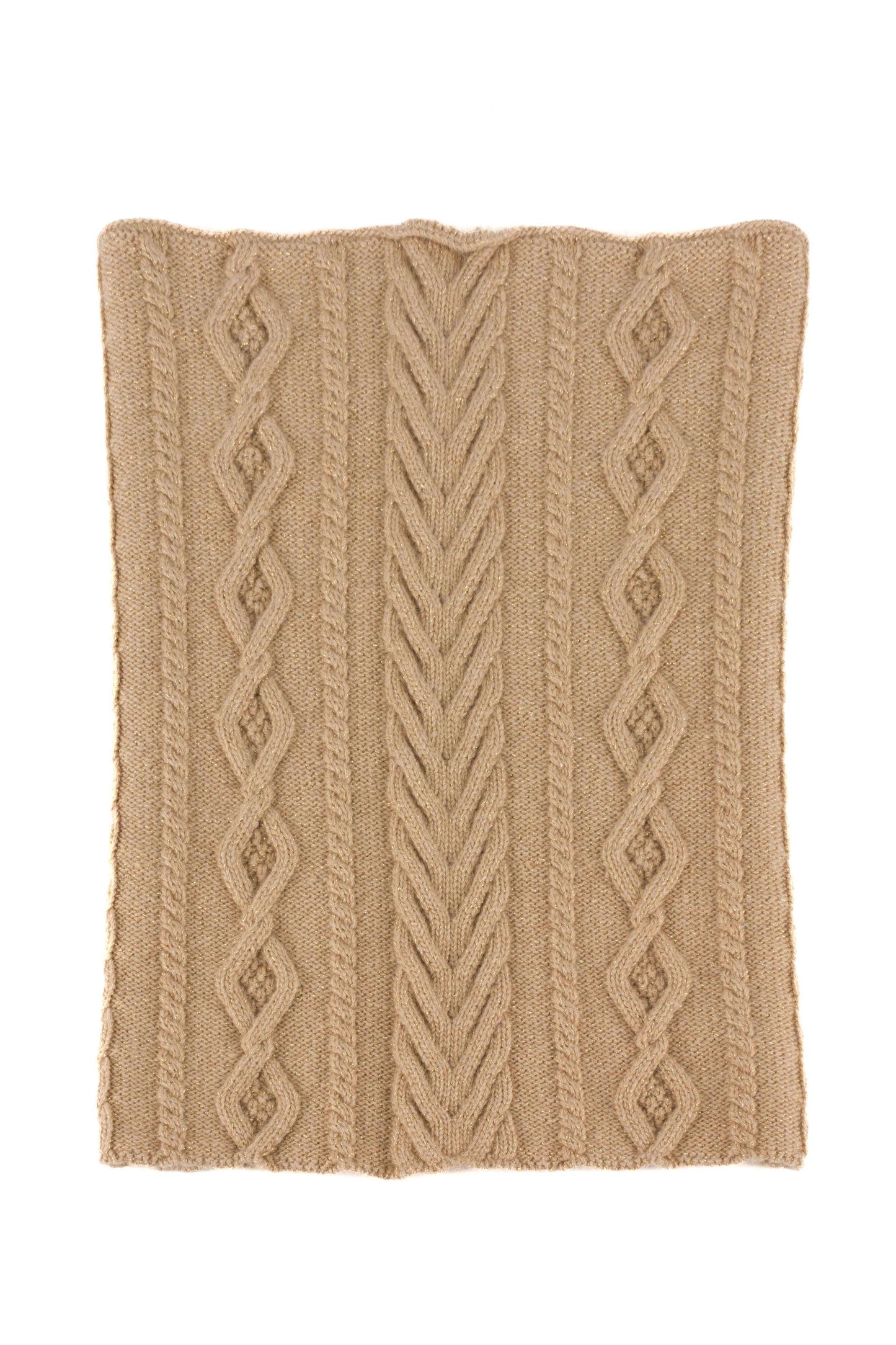 Sandstorm beige sparkle luxury knitted aran cable cashmere snood scarf, made in Scotland by Love Cashmere