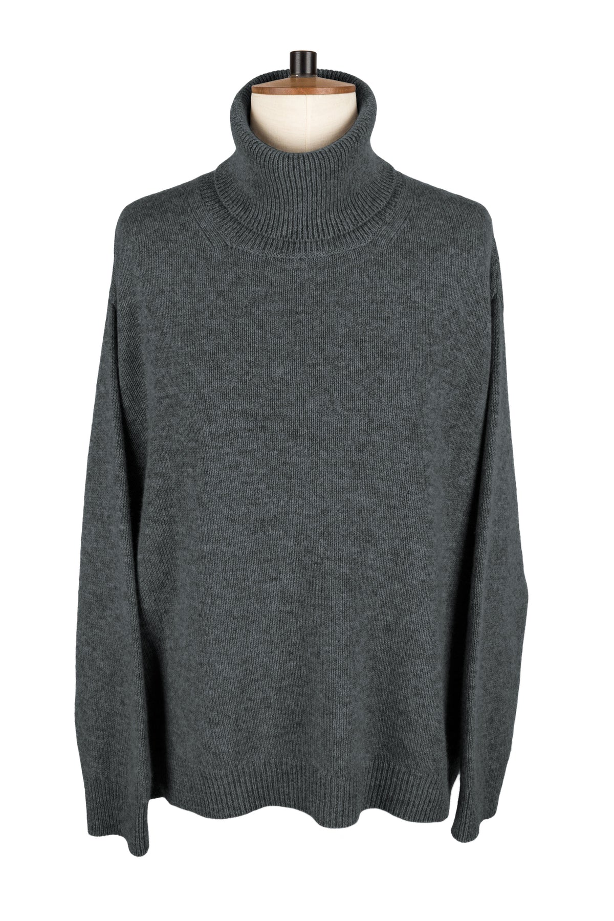 Women's dark grey knitted cashmere roll neck sweater, made in Scotland by Love Cashmere
