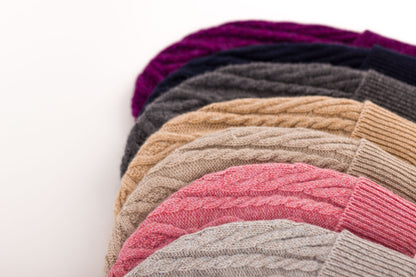 Luxury aran cable knitted cashmere beanie hat, made in Scotland by Love Cashmere