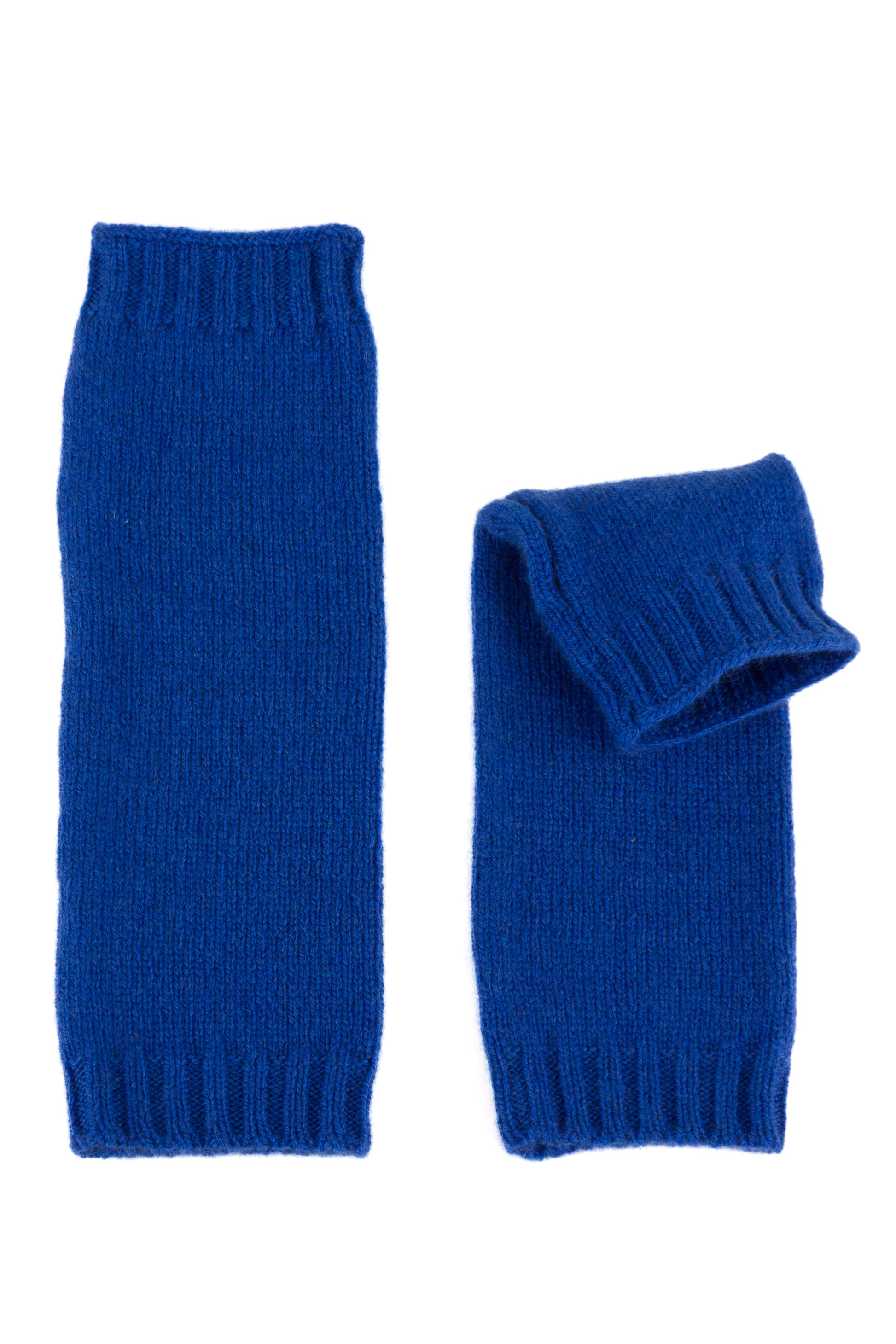 Blue knitted cashmere wrist warmers, made in Scotland by Love Cashmere