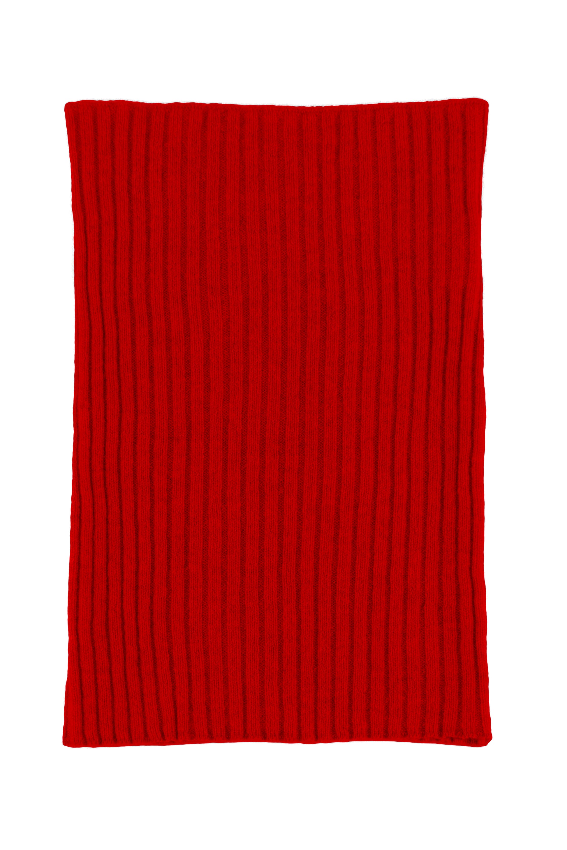 Red knitted ribbed cashmere snood scarf, made in Scotland by Love Cashmere