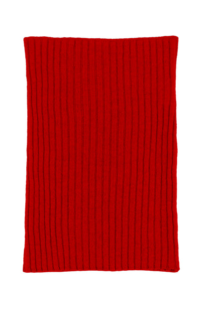Red knitted ribbed cashmere snood scarf, made in Scotland by Love Cashmere