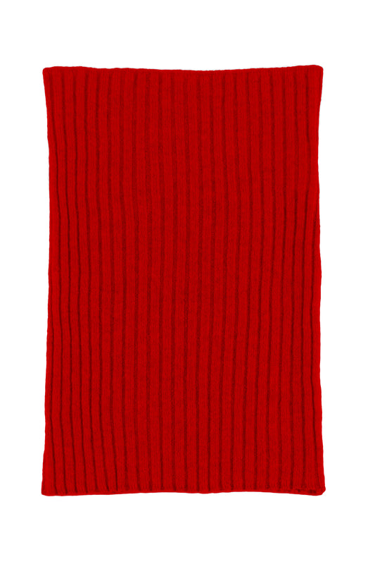 Red knitted ribbed cashmere snood scarf, made in Scotland by Love Cashmere
