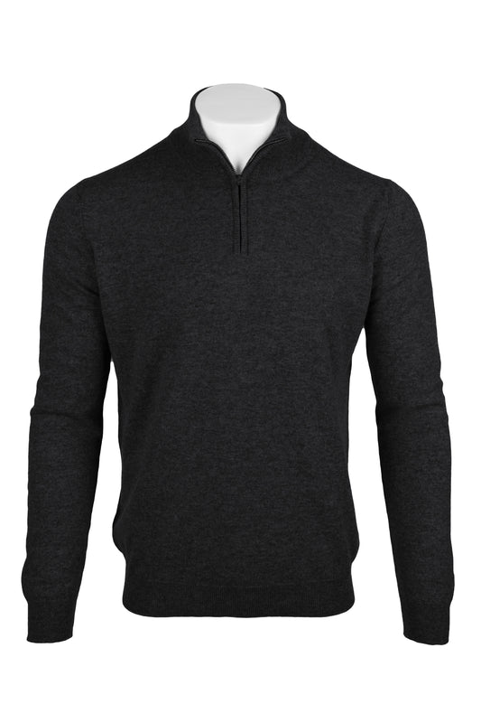 Charcoal Grey - Front | Men's Knitted Classic Cashmere Zip Neck Sweater