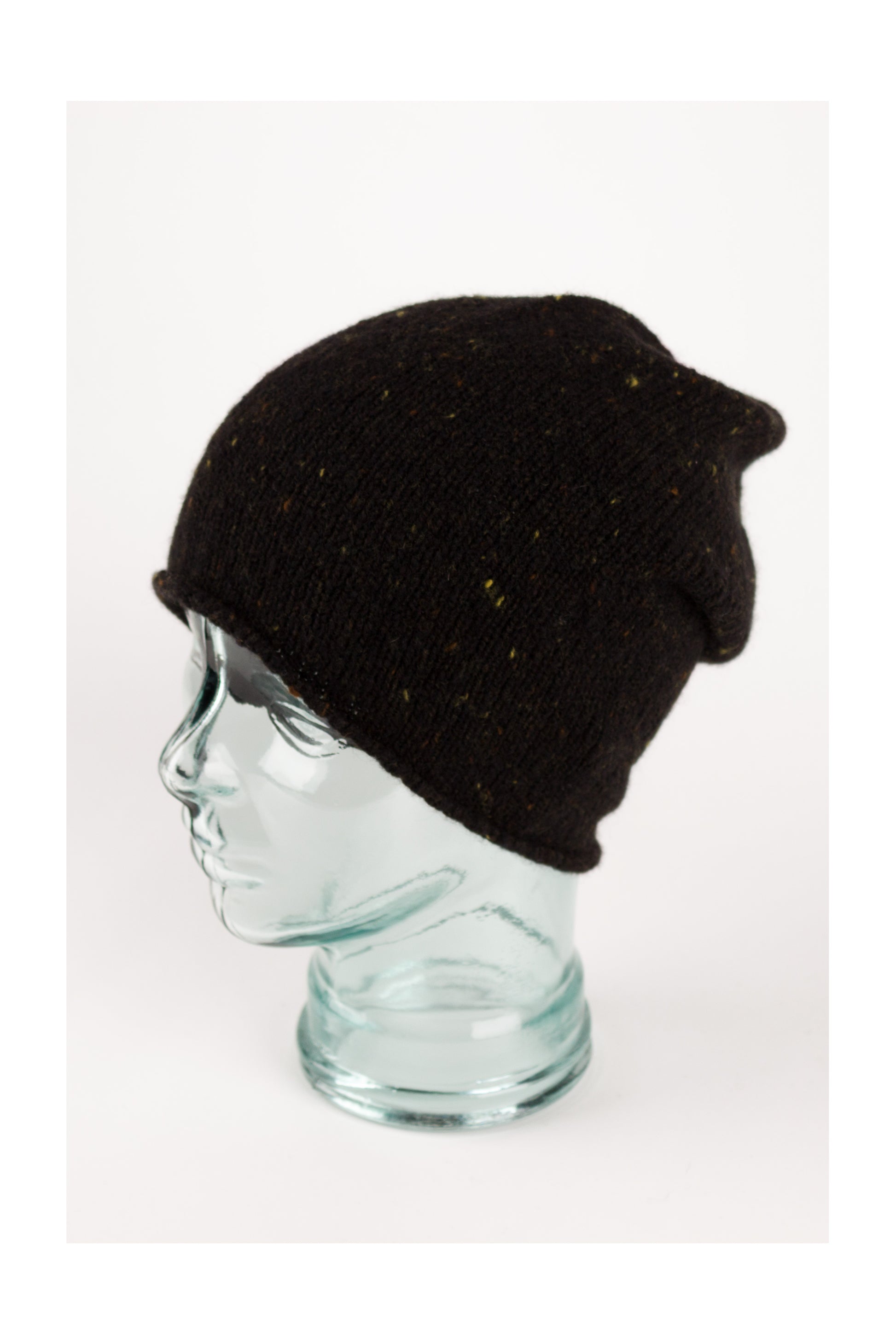 Dark brown knitted donegal cashmere beanie hat, made in Scotland by Love Cashmere