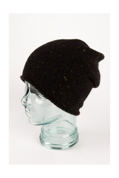 Dark brown knitted donegal cashmere beanie hat, made in Scotland by Love Cashmere