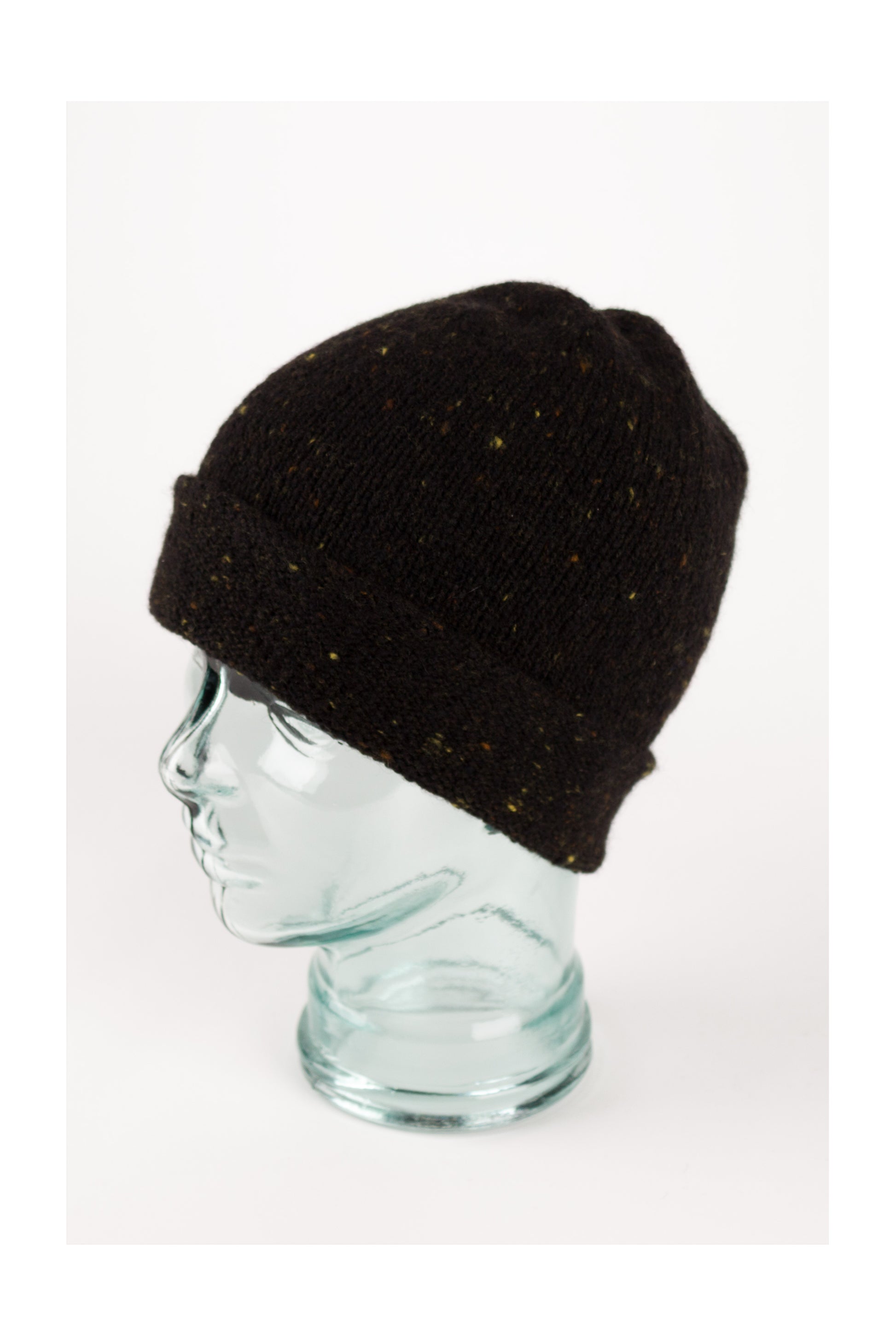 Dark brown knitted donegal cashmere beanie hat, made in Scotland by Love Cashmere
