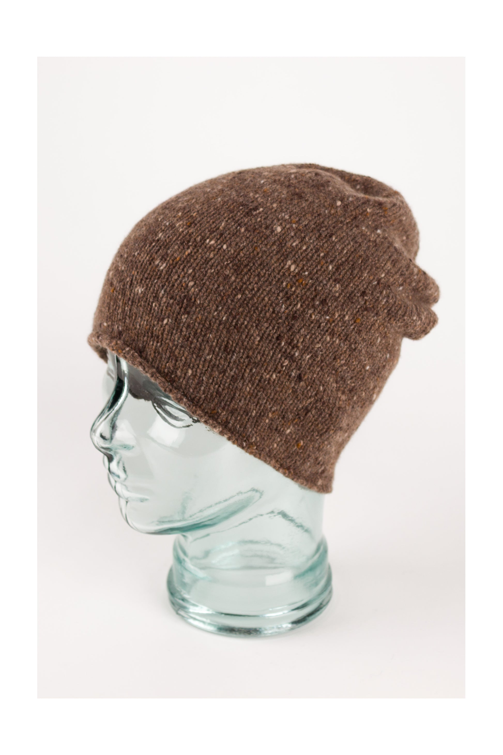 Dark natural knitted donegal cashmere beanie hat, made in Scotland by Love Cashmere