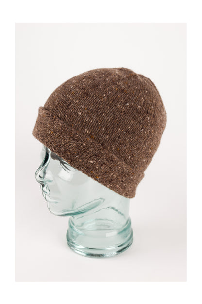Dark natural knitted donegal cashmere beanie hat, made in Scotland by Love Cashmere