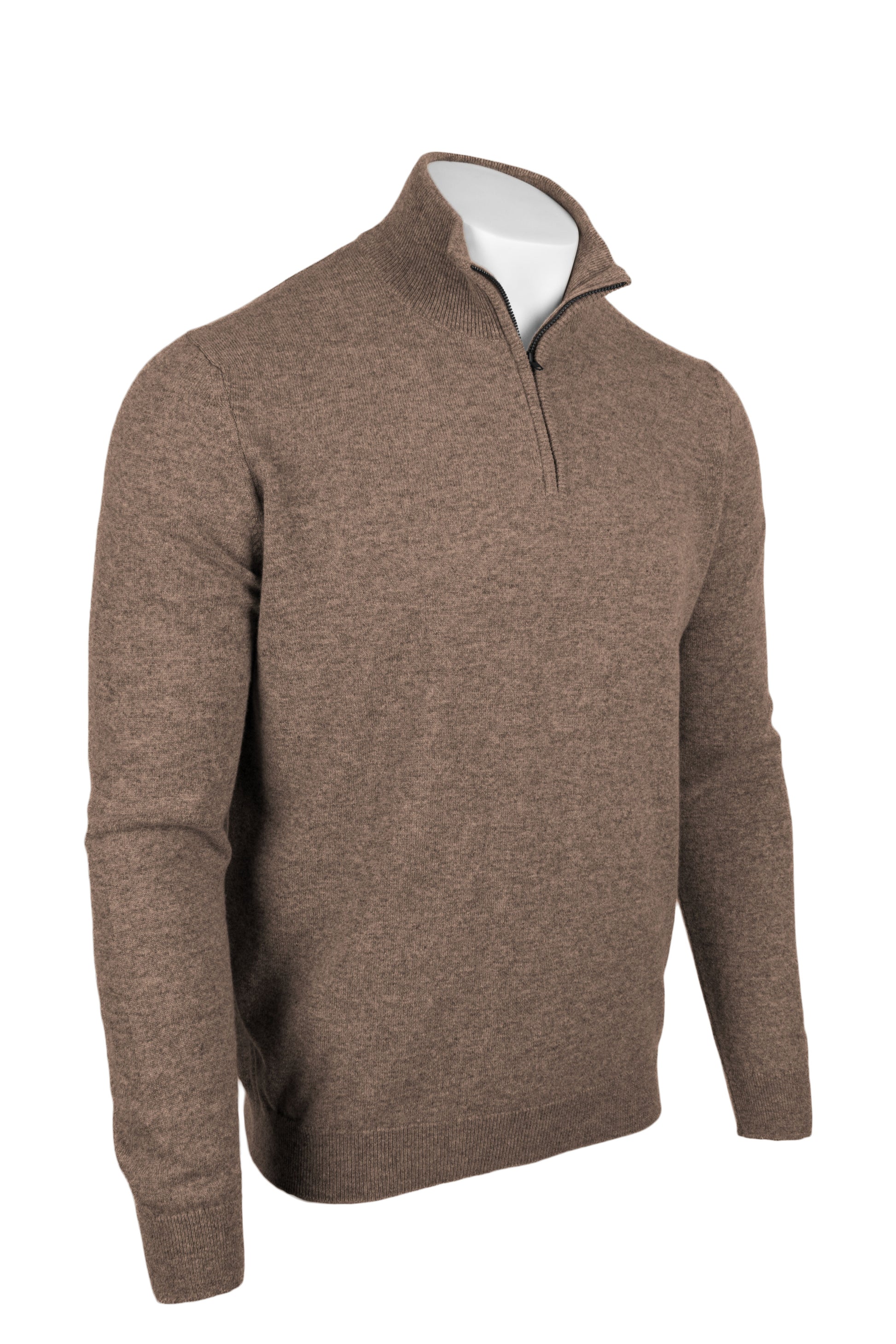Dark Natural - Front Side | Men's Knitted Classic Cashmere Zip Neck Sweater