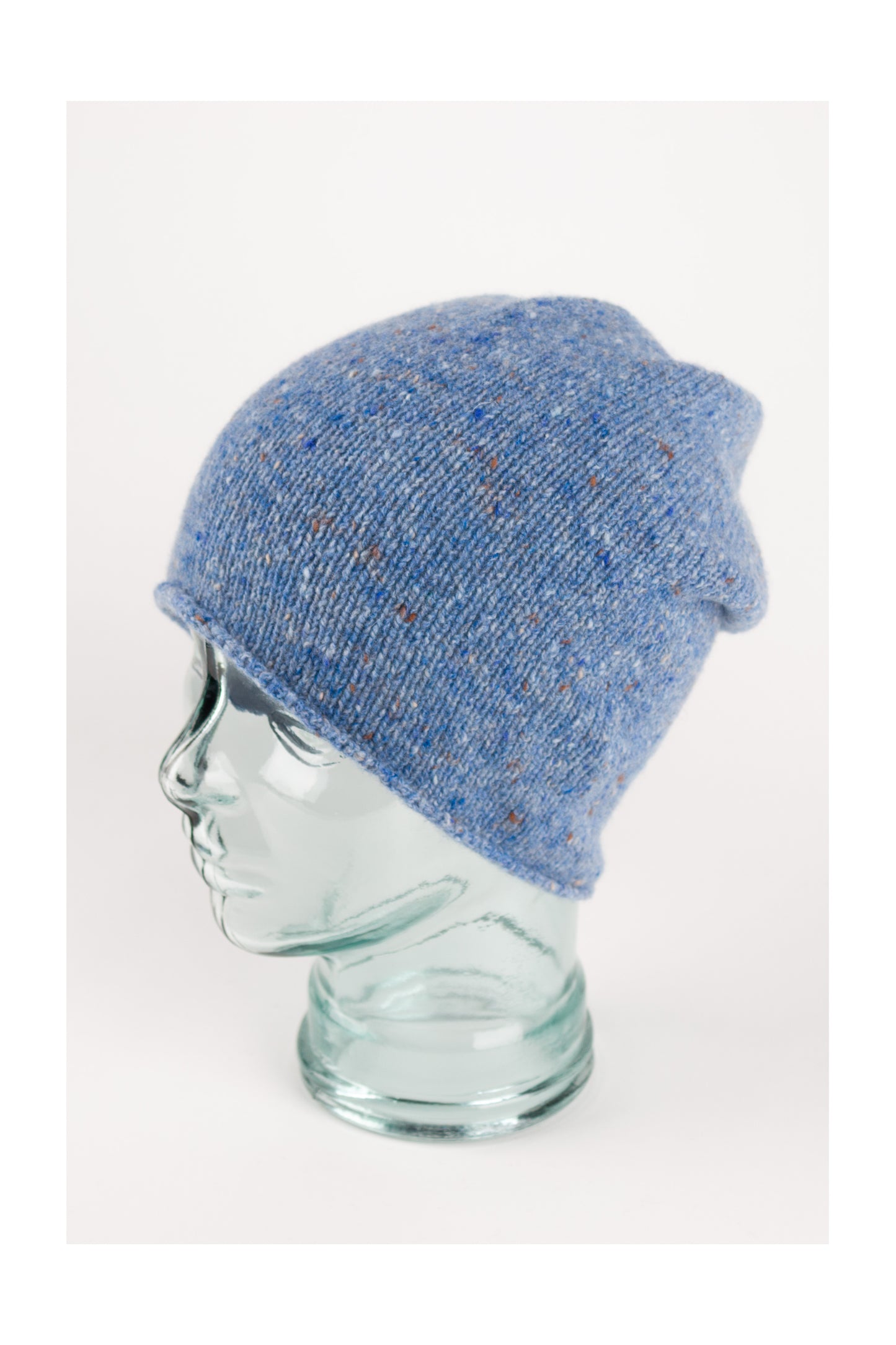 Denim blue knitted donegal cashmere beanie hat, made in Scotland by Love Cashmere
