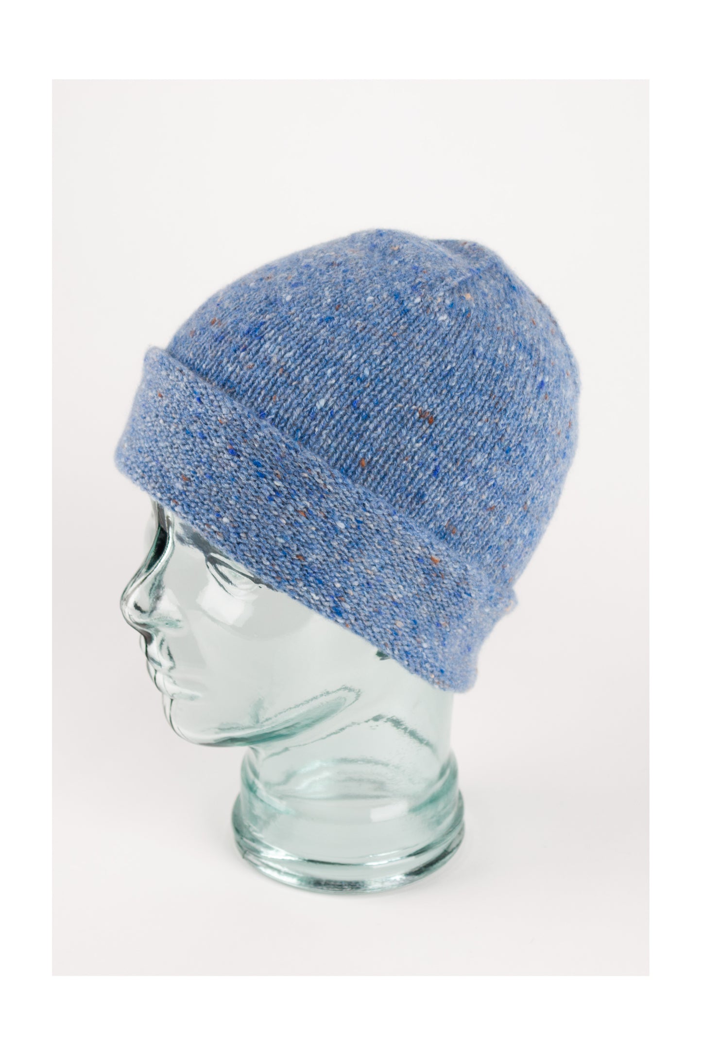 Denim blue knitted donegal cashmere beanie hat, made in Scotland by Love Cashmere