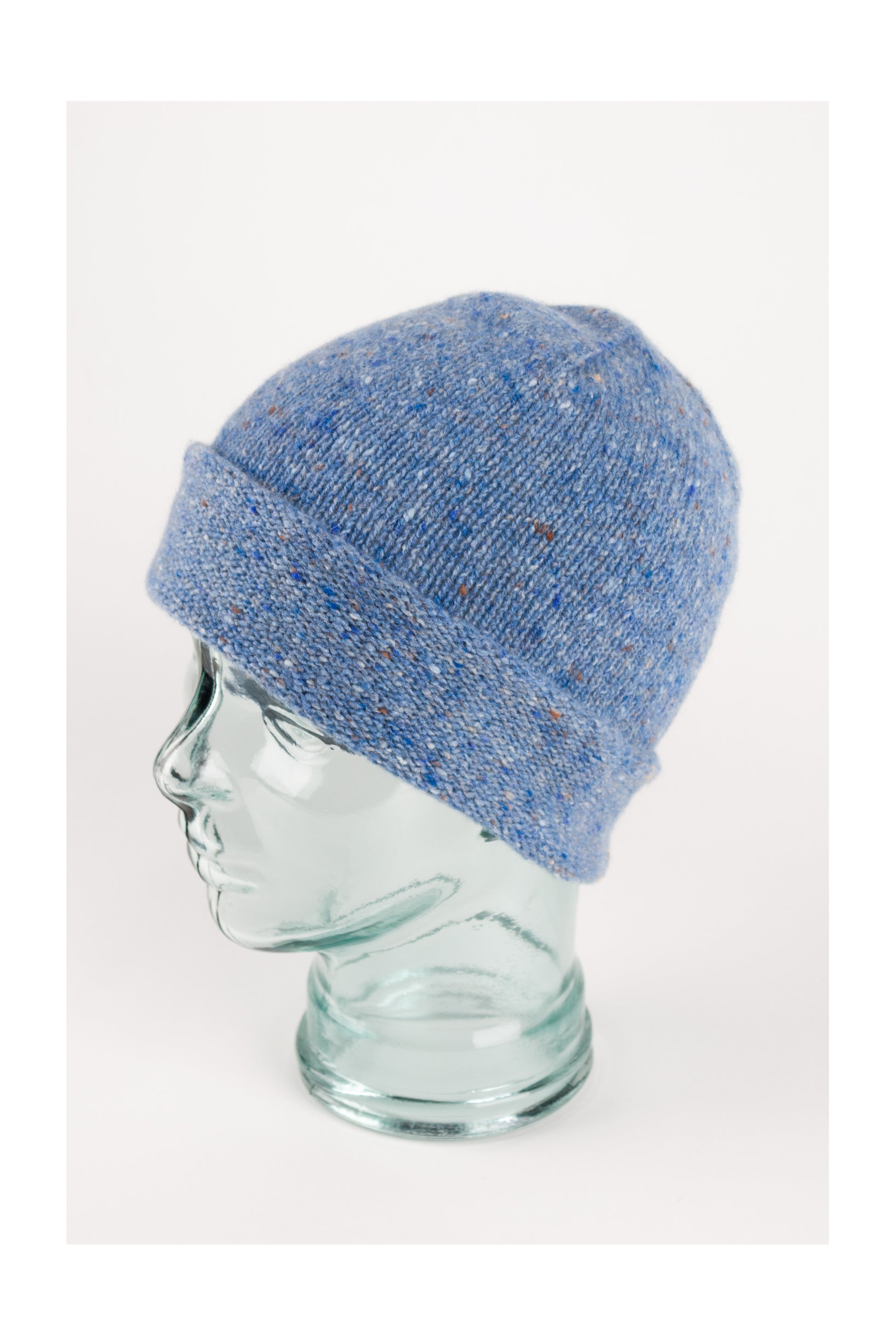 Denim blue knitted donegal cashmere beanie hat, made in Scotland by Love Cashmere