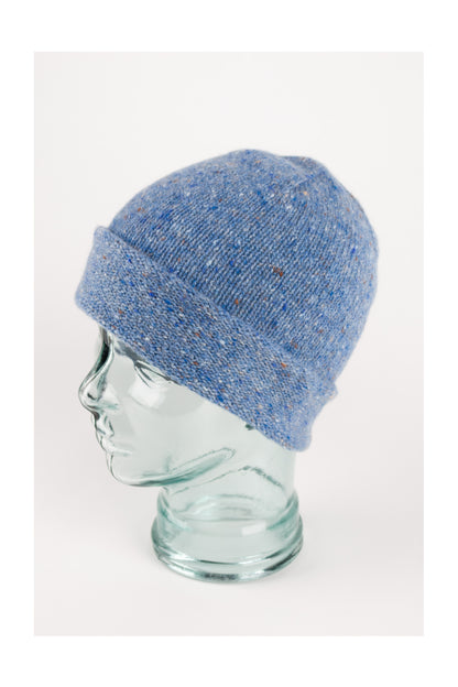Denim blue knitted donegal cashmere beanie hat, made in Scotland by Love Cashmere