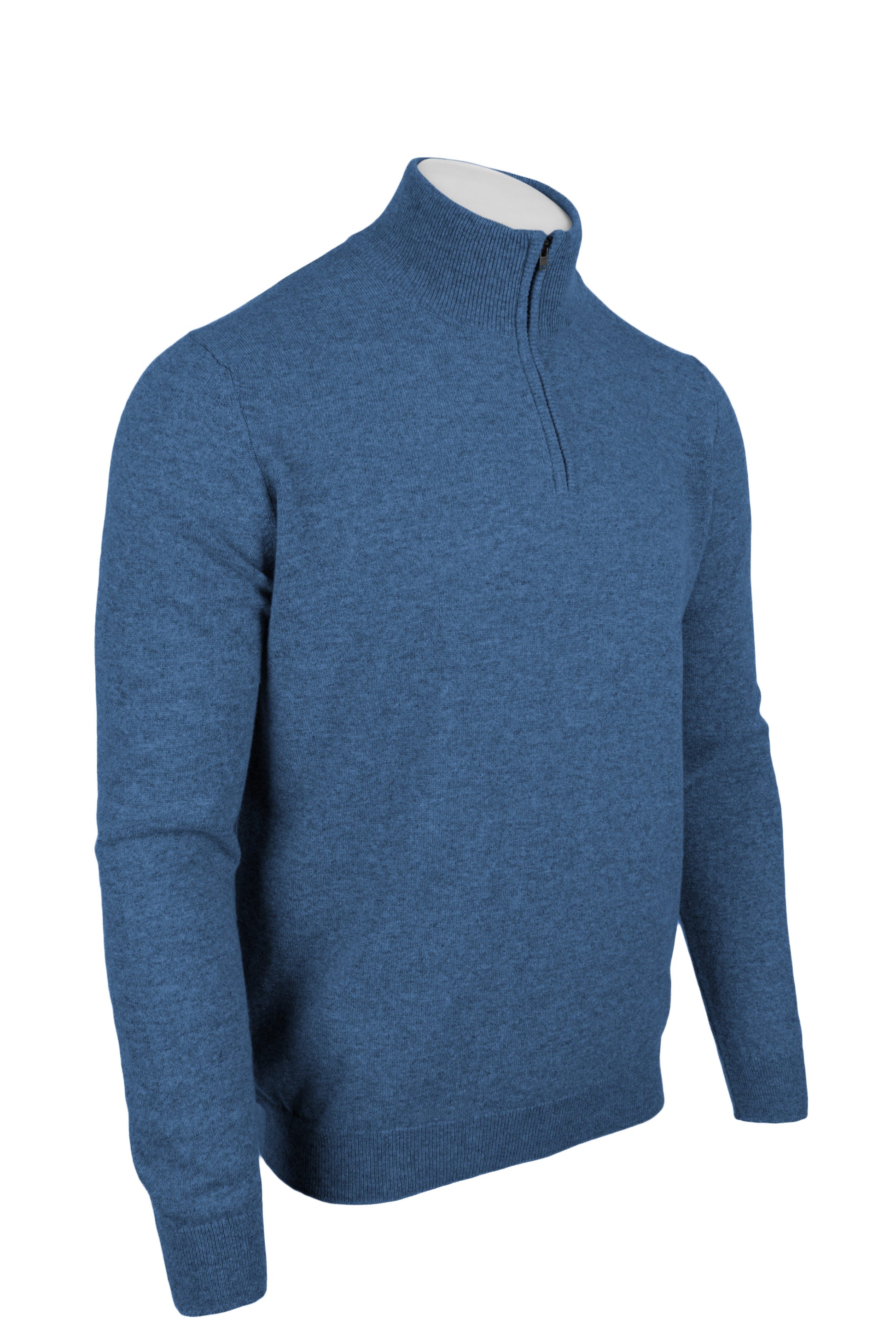 Denim Blue - Front Side Zipped | Men's Knitted Classic Cashmere Zip Neck Sweater