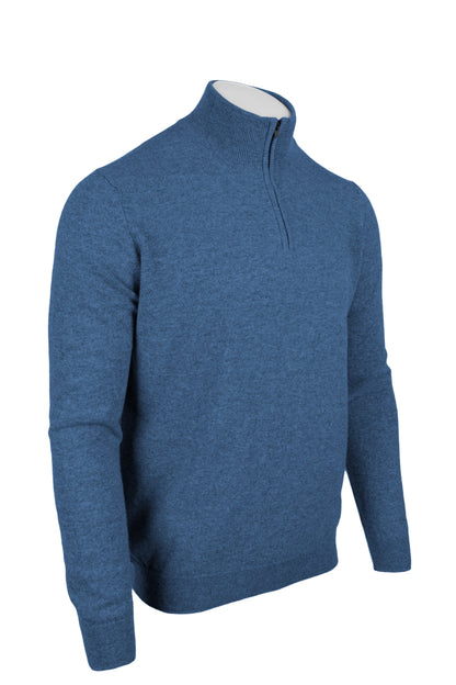 Denim Blue - Front Side Zipped | Men's Knitted Classic Cashmere Zip Neck Sweater