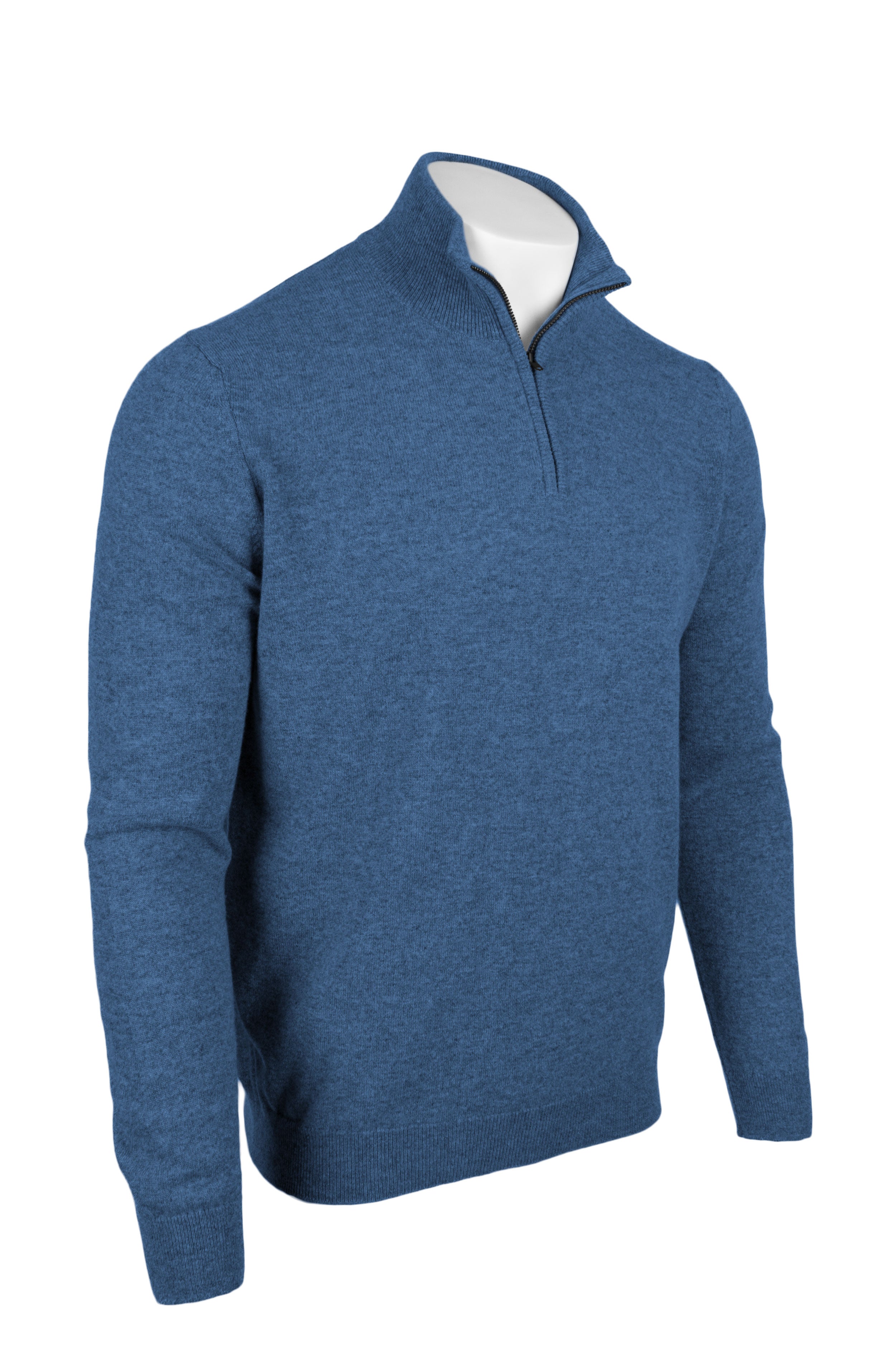 Denim Blue - Front Side | Men's Knitted Classic Cashmere Zip Neck Sweater
