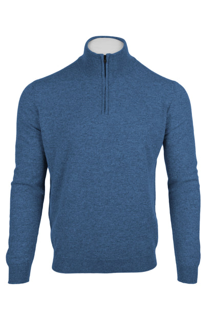 Denim Blue - Front Zipped | Men's Knitted Classic Cashmere Zip Neck Sweater
