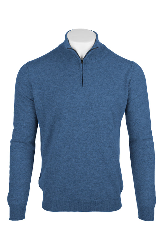 Denim Blue - Front | Men's Knitted Classic Cashmere Zip Neck Sweater