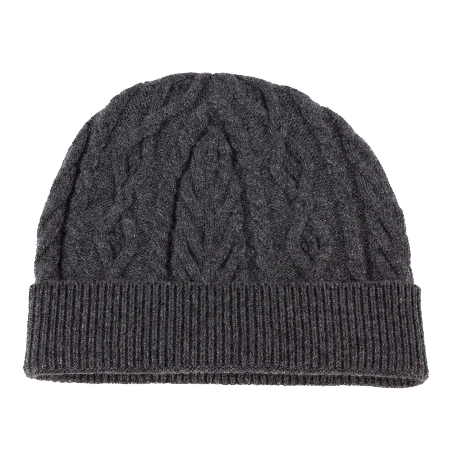 Mid grey knitted cashmere aran cable beanie hat