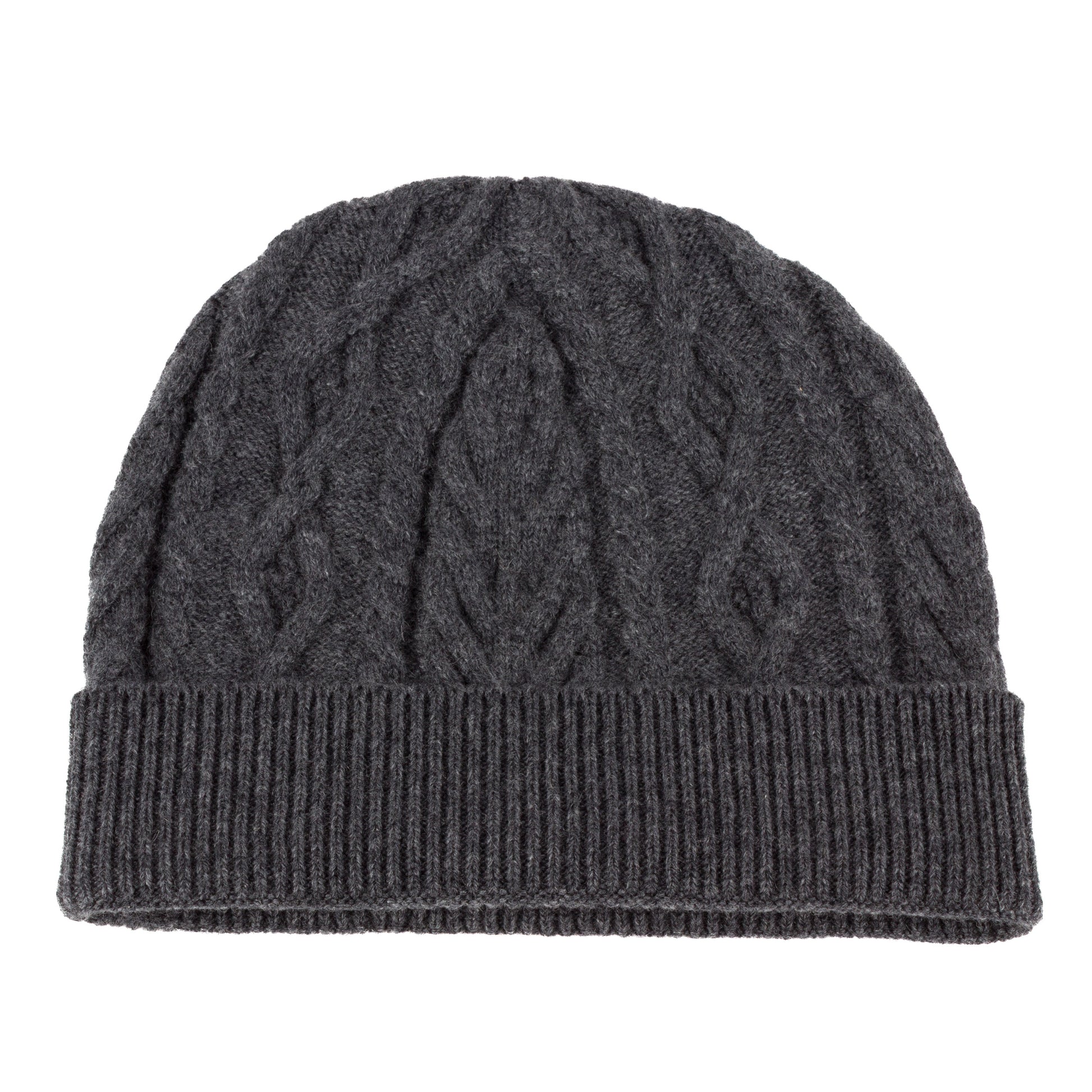 Mid grey knitted cashmere aran cable beanie hat
