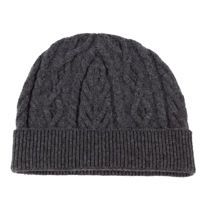 Mid grey knitted cashmere aran cable beanie hat
