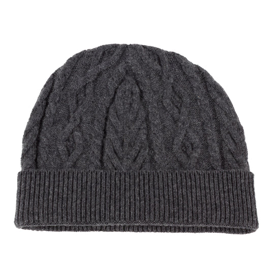 Mid grey knitted cashmere aran cable beanie hat
