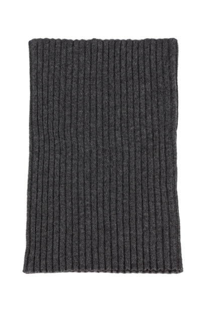 Mid grey knitted ribbed cashmere snood scarf, made in Scotland by Love Cashmere