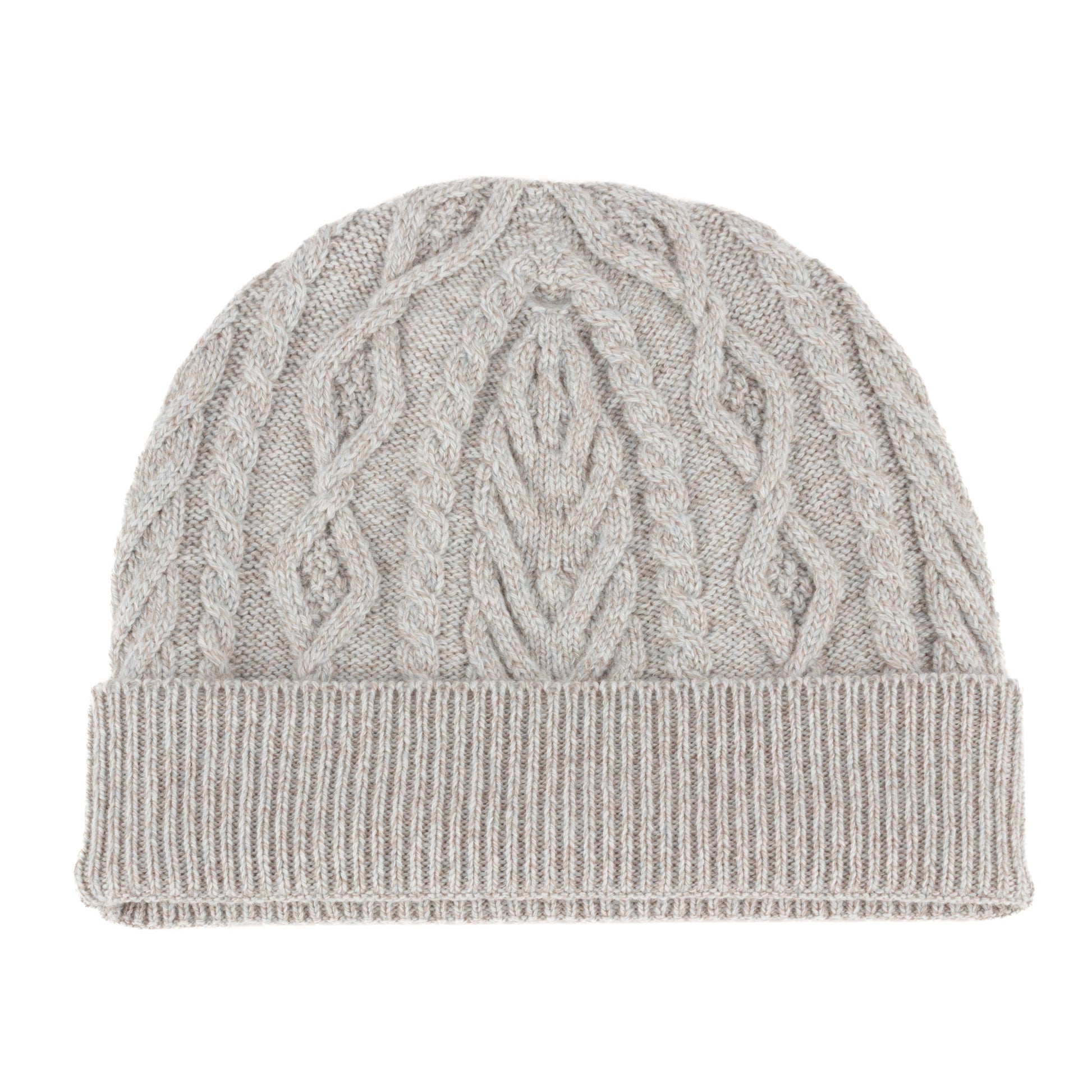 Silver grey knitted cashmere aran cable beanie hat