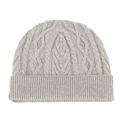 Silver grey knitted cashmere aran cable beanie hat
