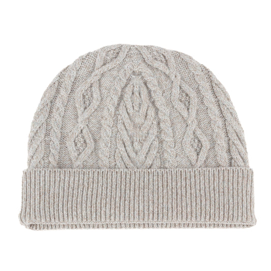Silver grey knitted cashmere aran cable beanie hat