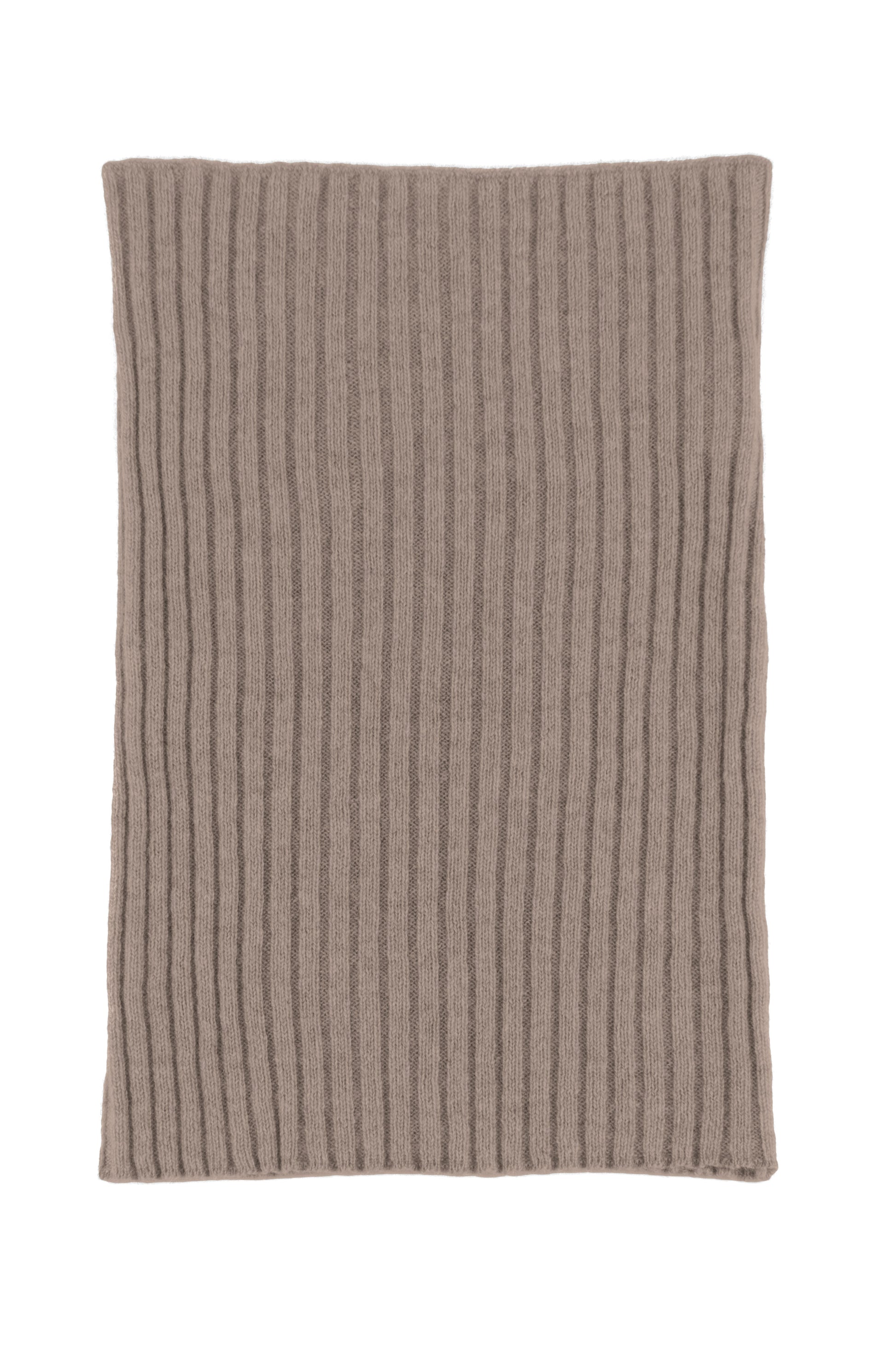 Beige knitted ribbed cashmere snood scarf, made in Scotland by Love Cashmere