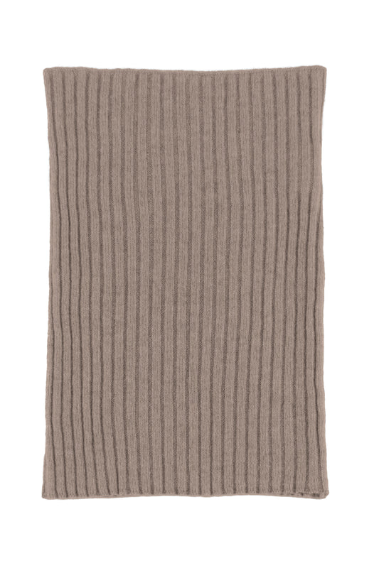 Beige knitted ribbed cashmere snood scarf, made in Scotland by Love Cashmere