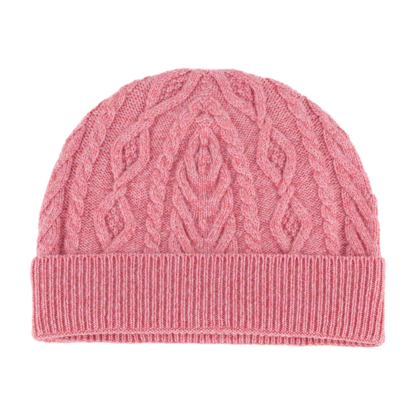 Pink knitted cashmere aran cable beanie hat