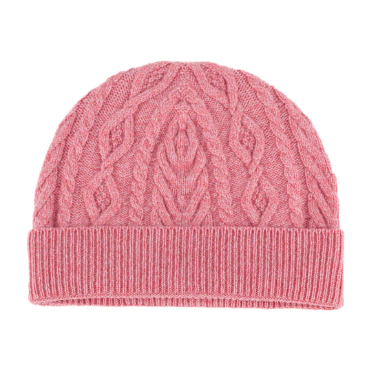 Pink knitted cashmere aran cable beanie hat