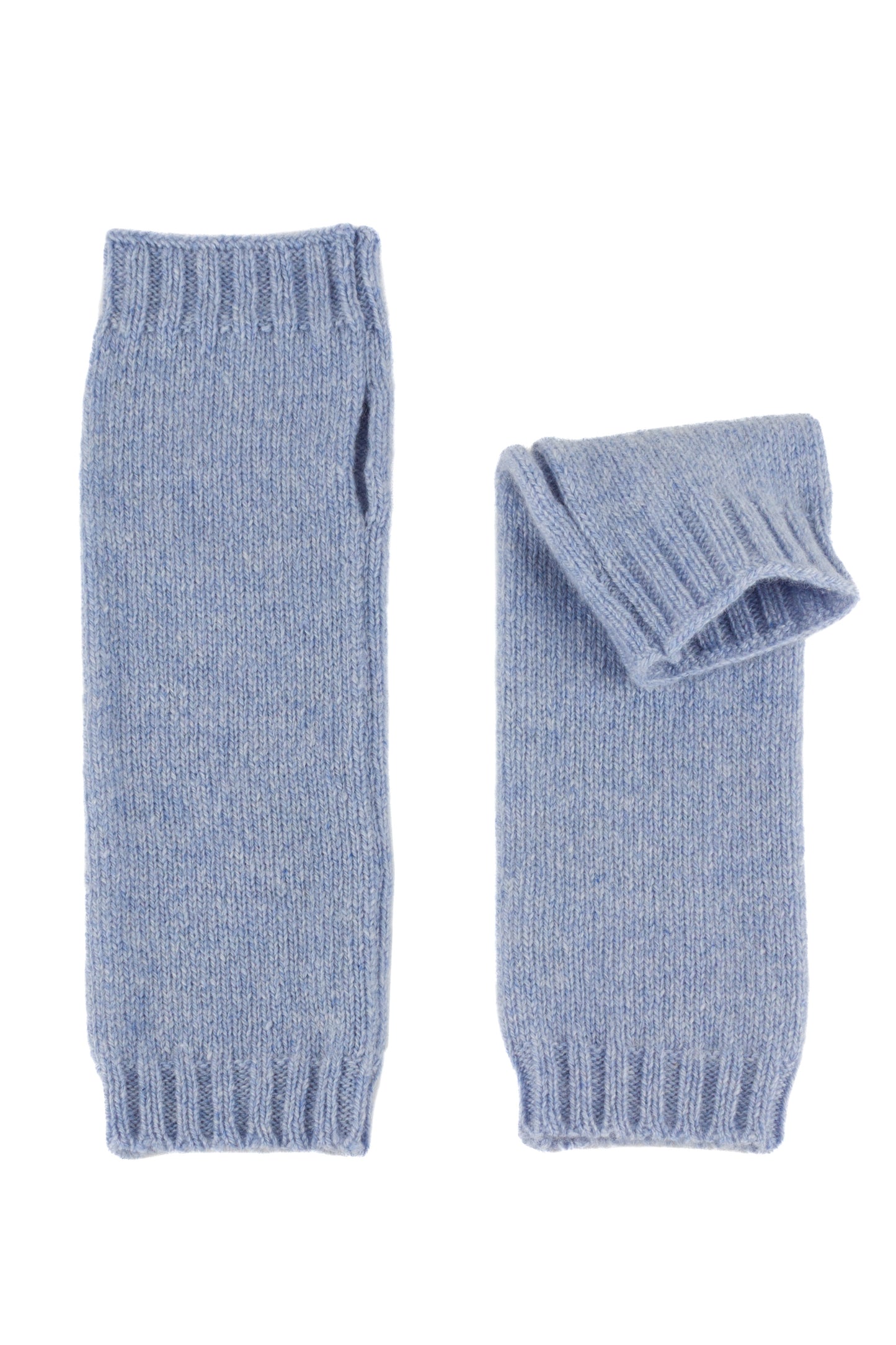 Light blue knitted cashmere wrist warmers, made in Scotland by Love Cashmere