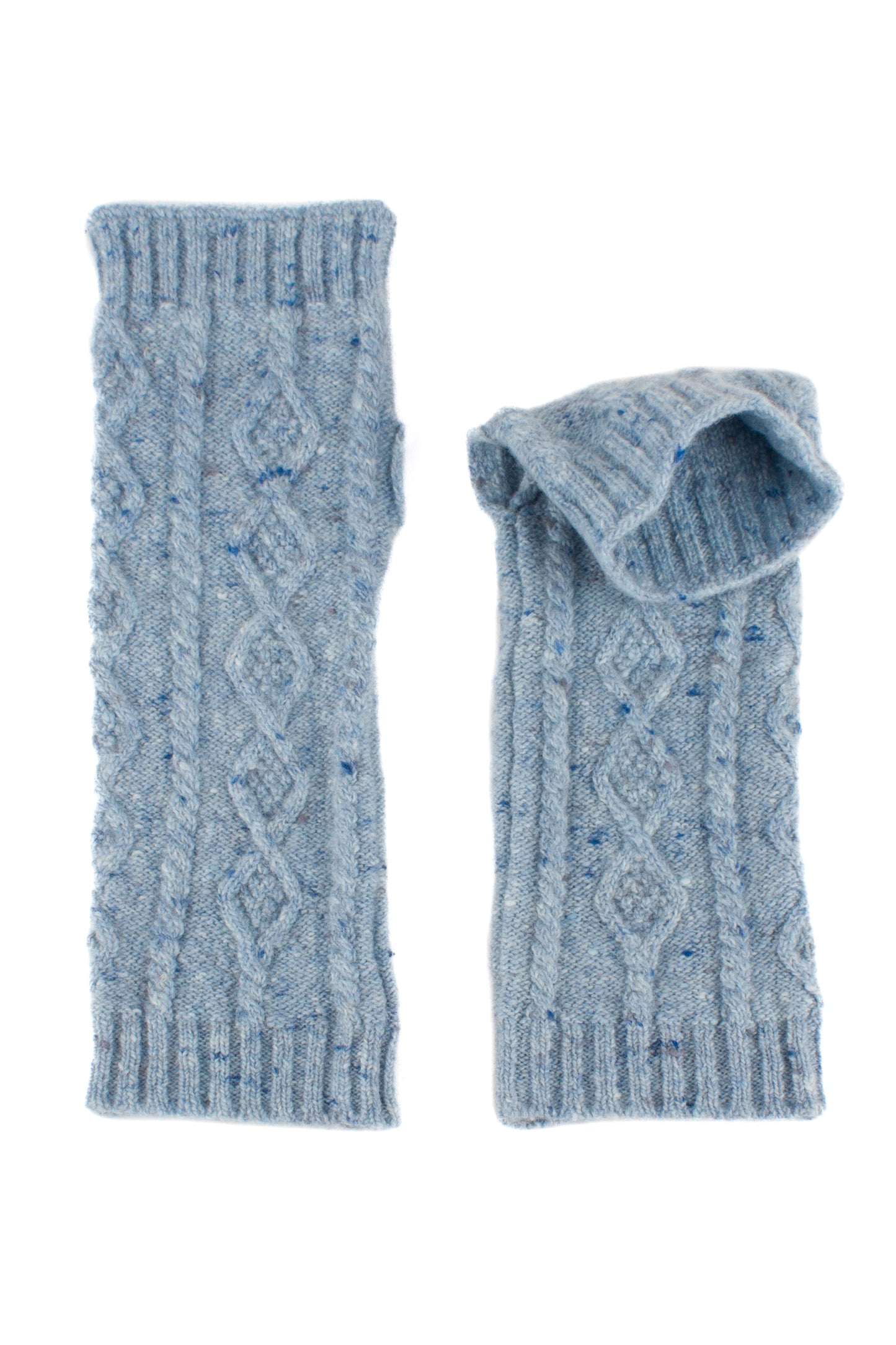 Pair of denim blue knitted cashmere tweed arm warmers on a white background