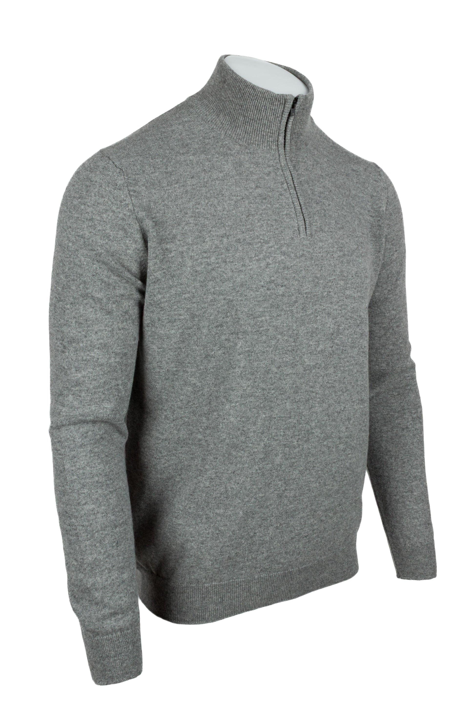 Light Grey - Front Side Zipped | Men's Knitted Classic Cashmere Zip Neck Sweater