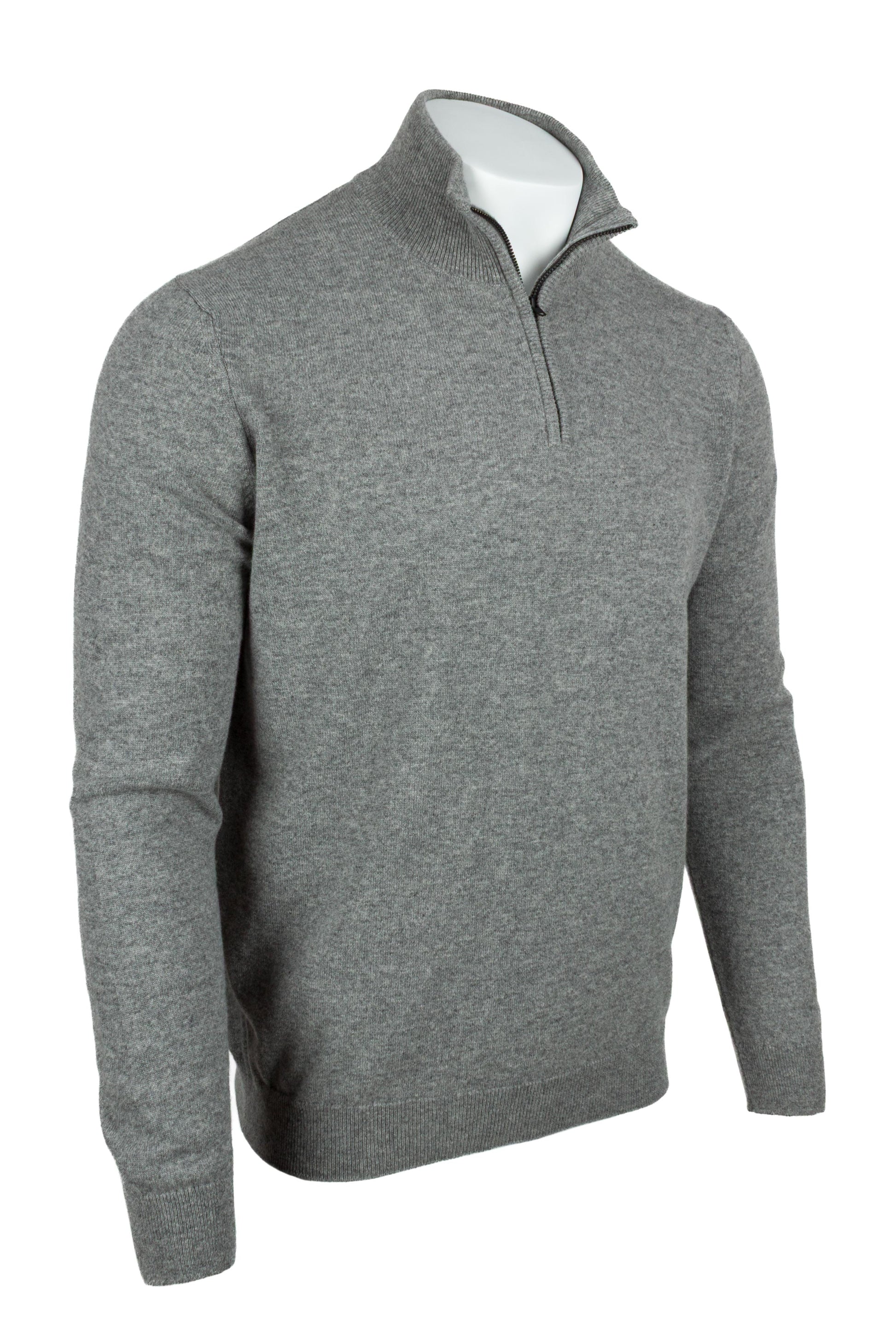 Light Grey - Front Side | Men's Knitted Classic Cashmere Zip Neck Sweater