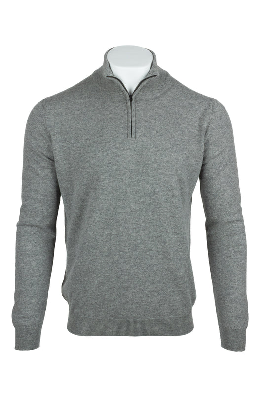 Light Grey - Front | Men's Knitted Classic Cashmere Zip Neck Sweater