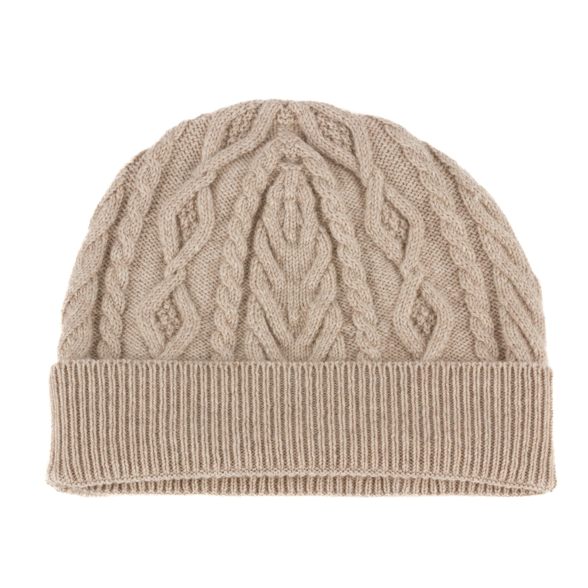 Light natural knitted cashmere aran cable beanie hat