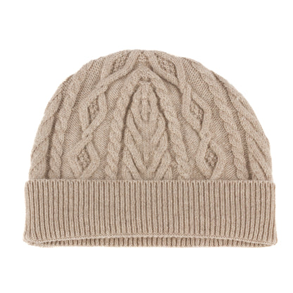 Light natural knitted cashmere aran cable beanie hat