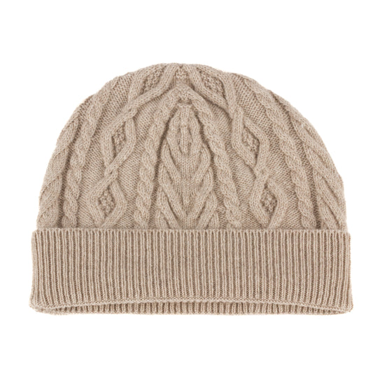 Light natural knitted cashmere aran cable beanie hat