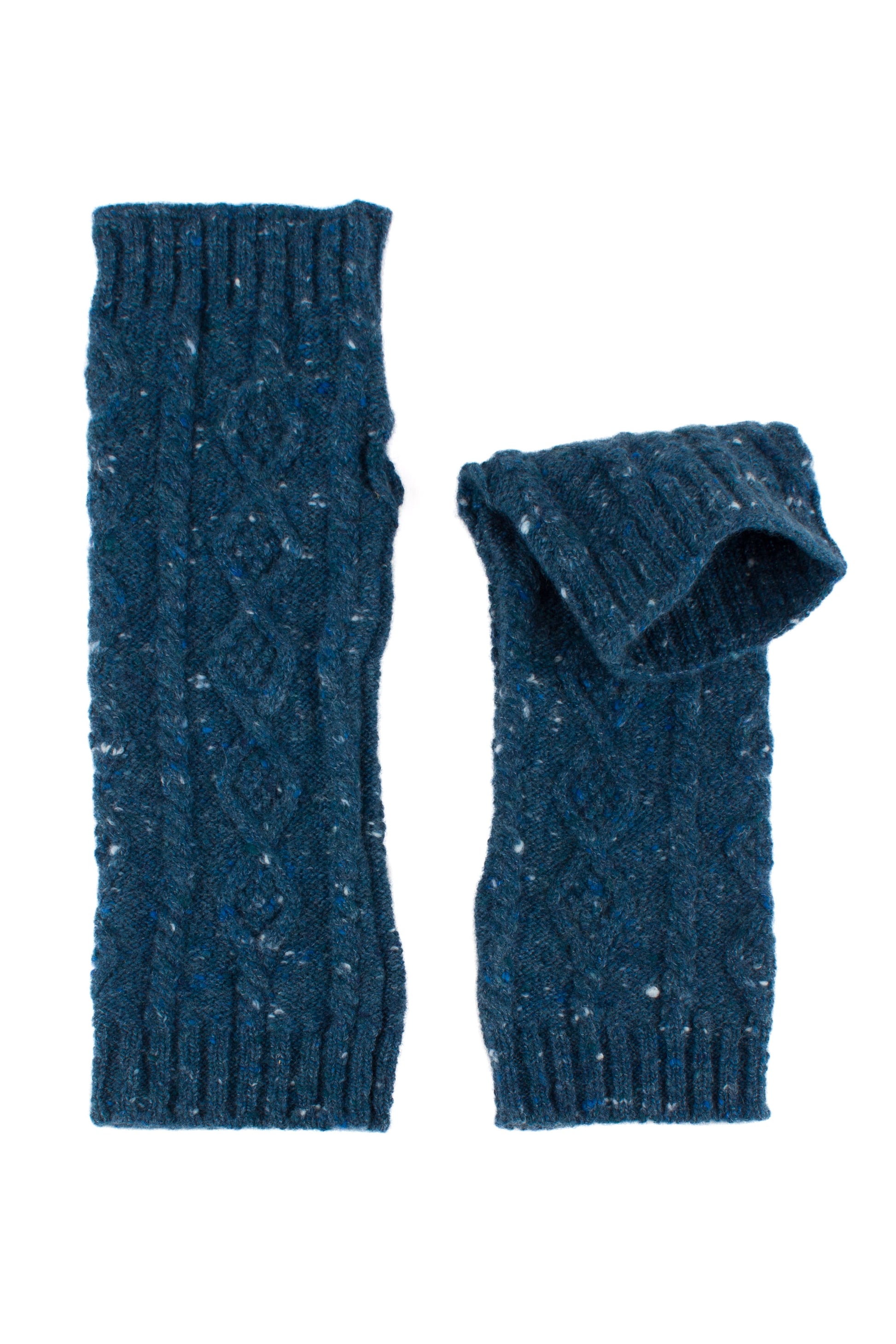 Pair of blue knitted cashmere tweed arm warmers on a white background