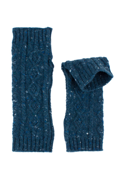 Pair of blue knitted cashmere tweed arm warmers on a white background