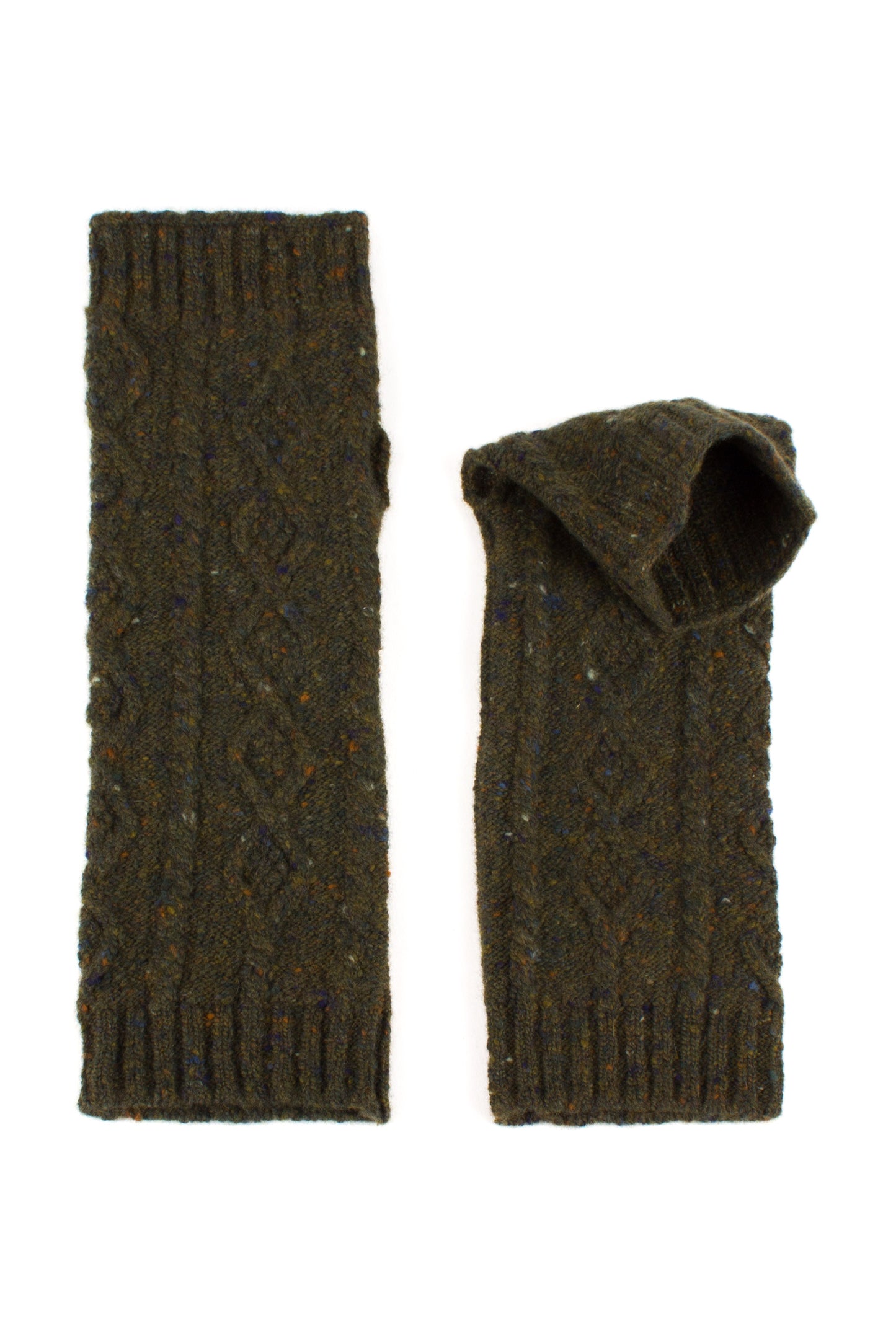 Pair of dark green knitted cashmere tweed arm warmers on a white background