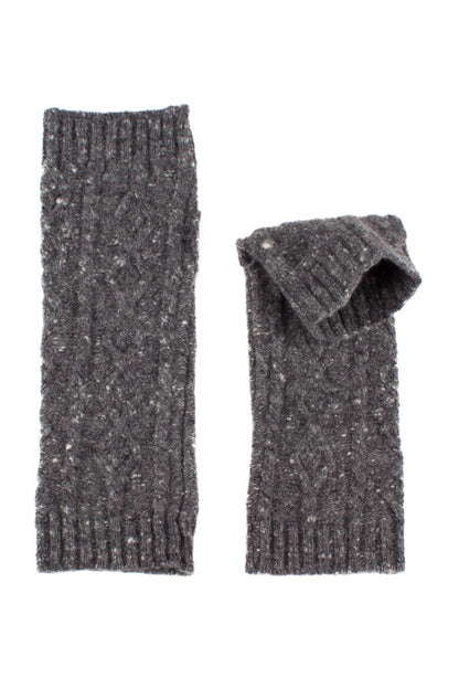 Pair of gray knitted cashmere tweed arm warmers on a white background