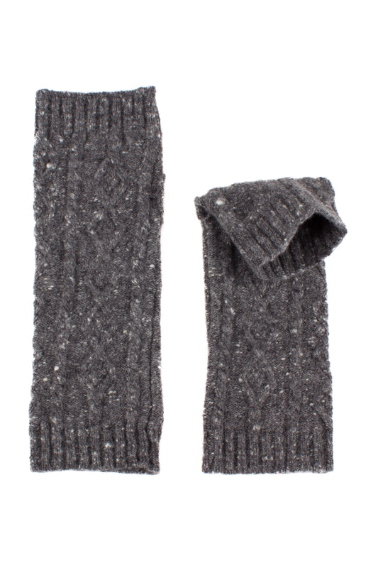 Pair of gray knitted cashmere tweed arm warmers on a white background