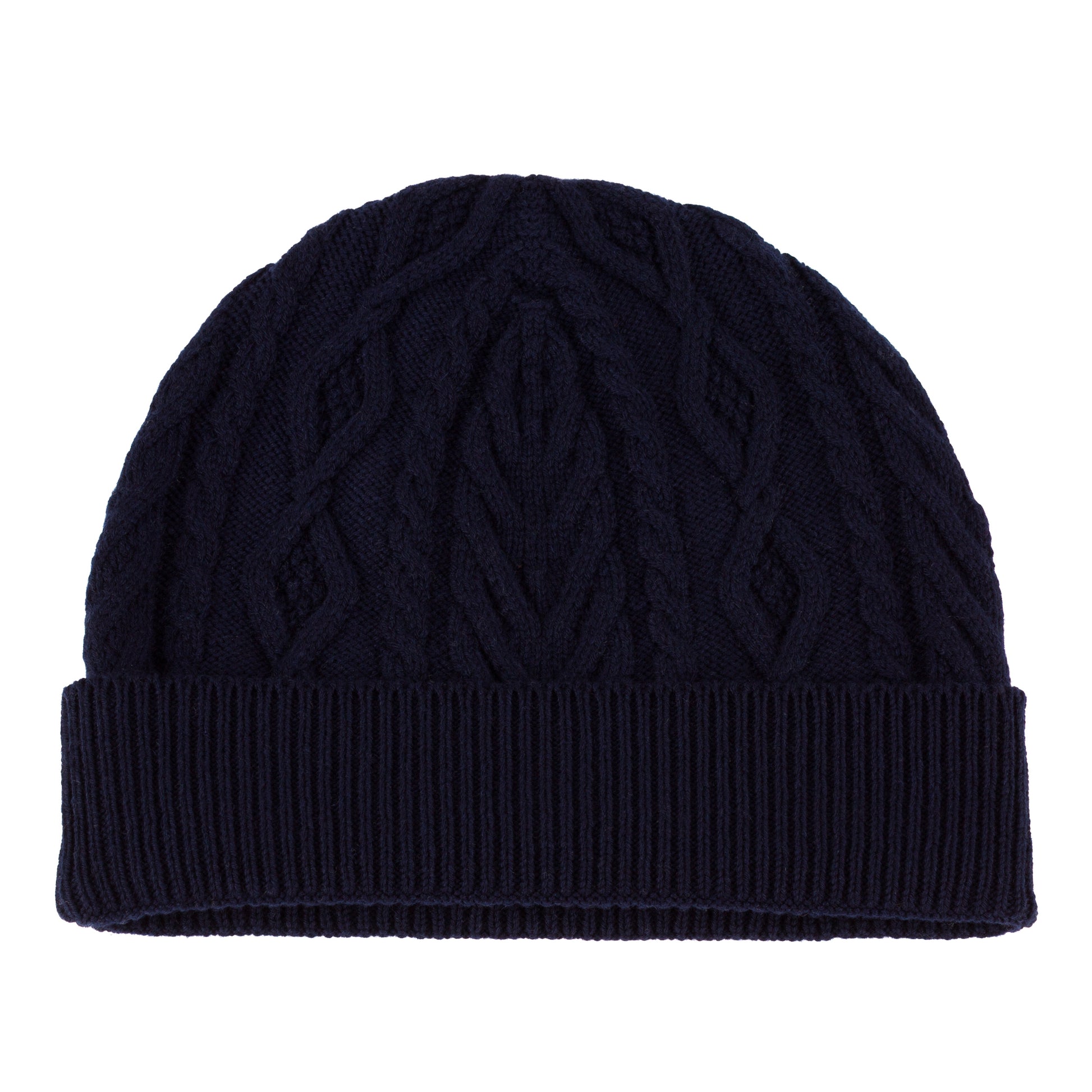 Navy blue knitted cashmere aran cable beanie hat