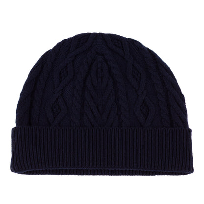 Navy blue knitted cashmere aran cable beanie hat